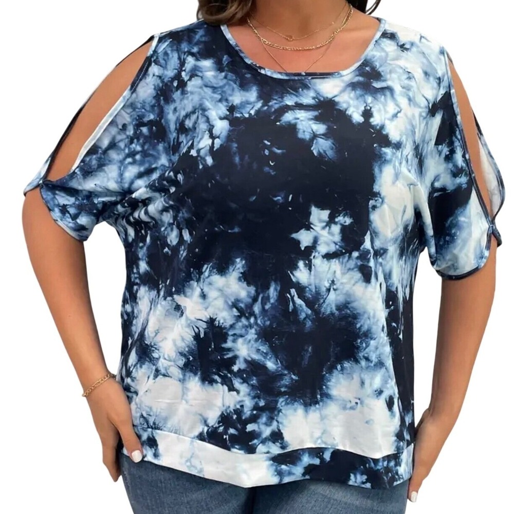 Indigo Blue & White Tie-Dye Cold Shoulder Short Sleeve Top Women's XL